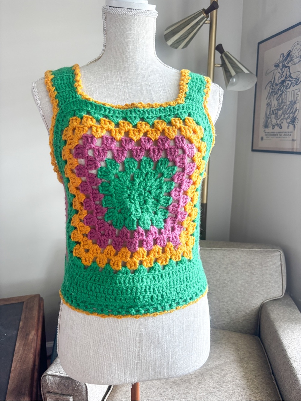 Vintage Handmade Granny Square Green, Yellow, Purple Crochet Tank Top